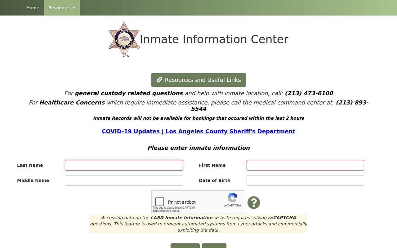 Temple City public records and Los Angeles County inmate locator fields