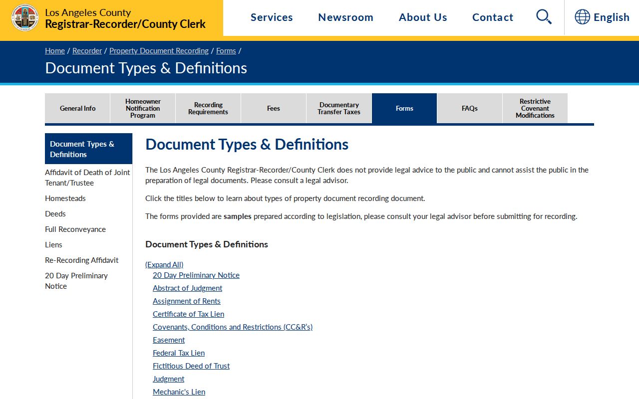 Temple City public records document types from the Los Angeles County recorder