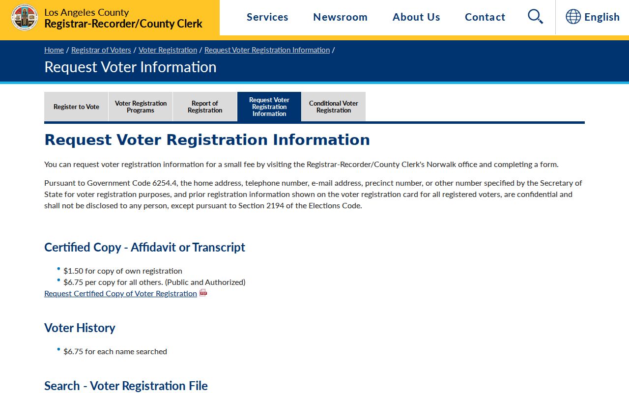 Temple City voter registration information request options from Los Angeles County